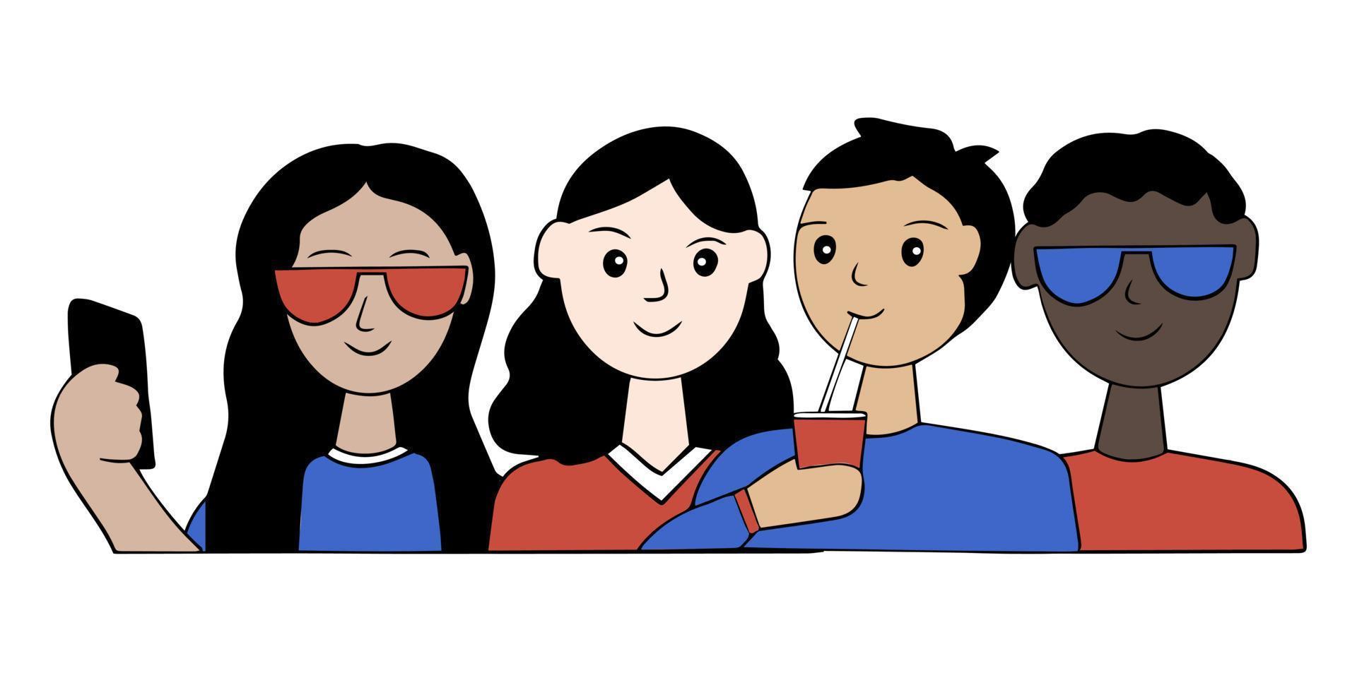 A pair of character avatars. Teenagers spending time together. Girlfriends taking photos of selves on a mobile phone vector