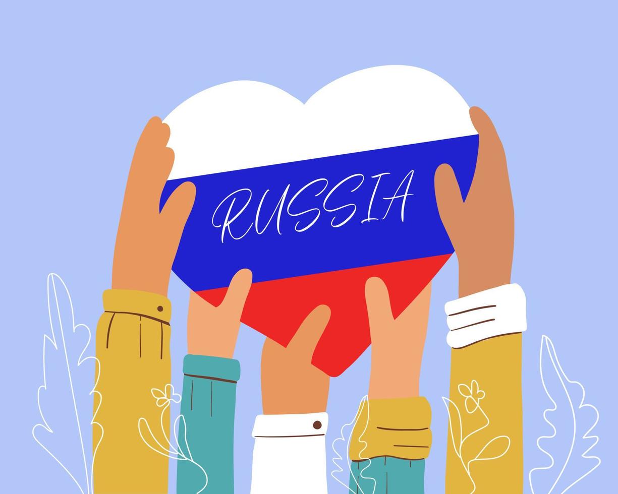 manos sosteniendo un corazón en forma de bandera rusa. apoyo del pueblo. resolución del conflicto. que haya paz y amor vector