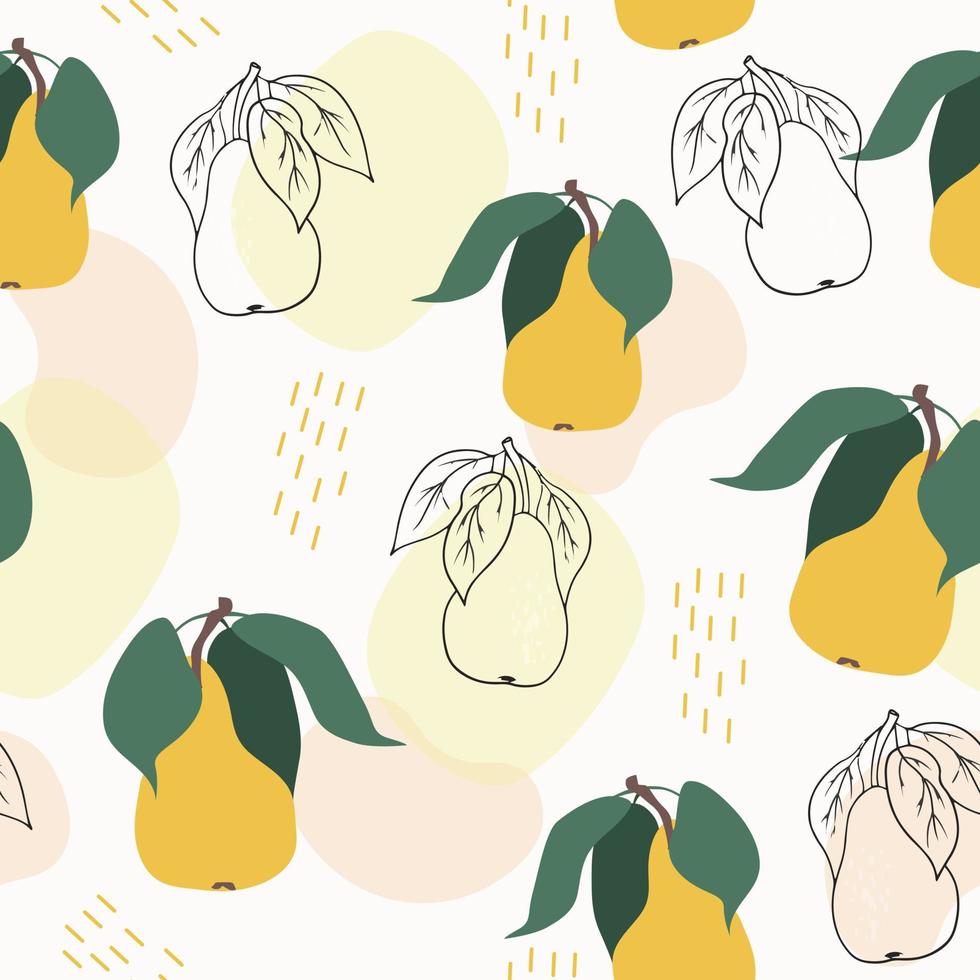 Seamless vector pattern. Stylized yellow pears with leaves. Simple abstract shapes. Fruit elements