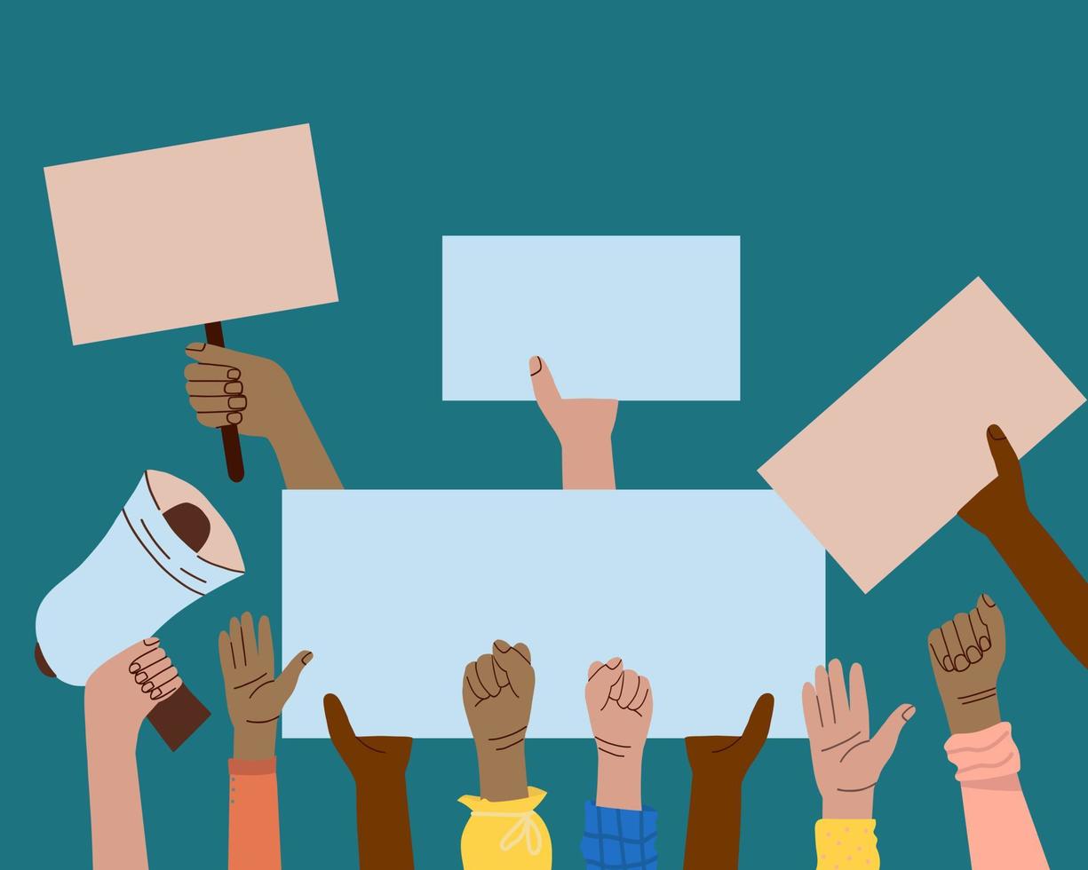 A crowd of people of different nationalities and at a protest. Hands holding empty templates of banners and a mouthpiece. Street demonstration and standing up for their rights. vector