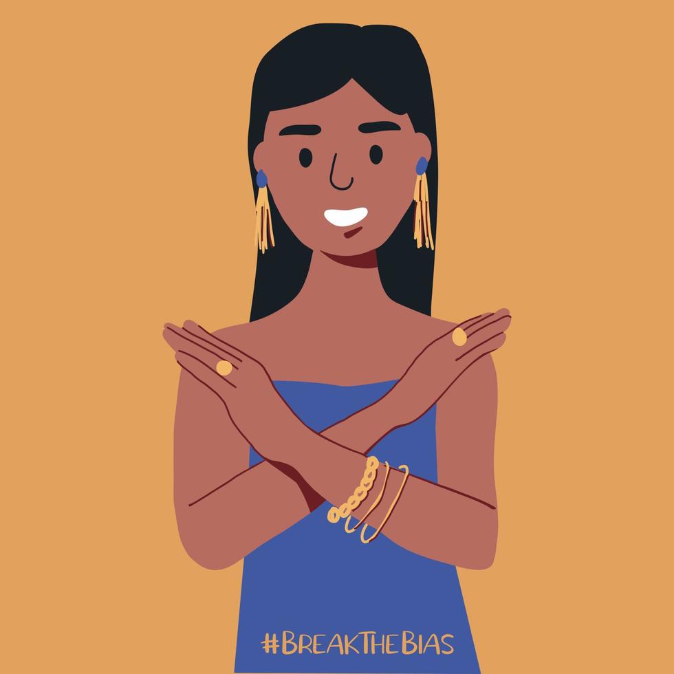 A modern woman with her arms crossed over her arms. Break The Bias campaign. International Women's Day. A movement against discrimination and stereotypes. vector