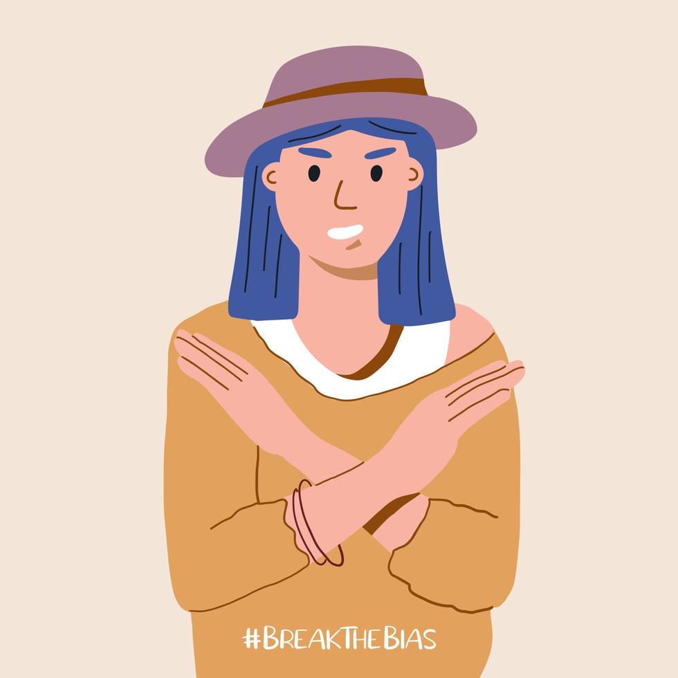 A modern woman with her arms crossed over her arms. Break The Bias campaign. International Women's Day. A movement against discrimination and stereotypes. vector