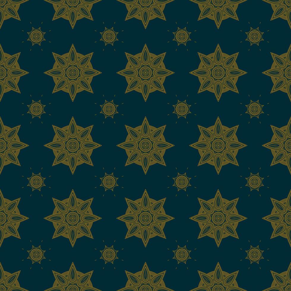 yellow floral ornament pattern on dark green background. repeat, line and mandala style. suitable for backgrounds, fabrics, wallpapers, textiles, and decorations vector