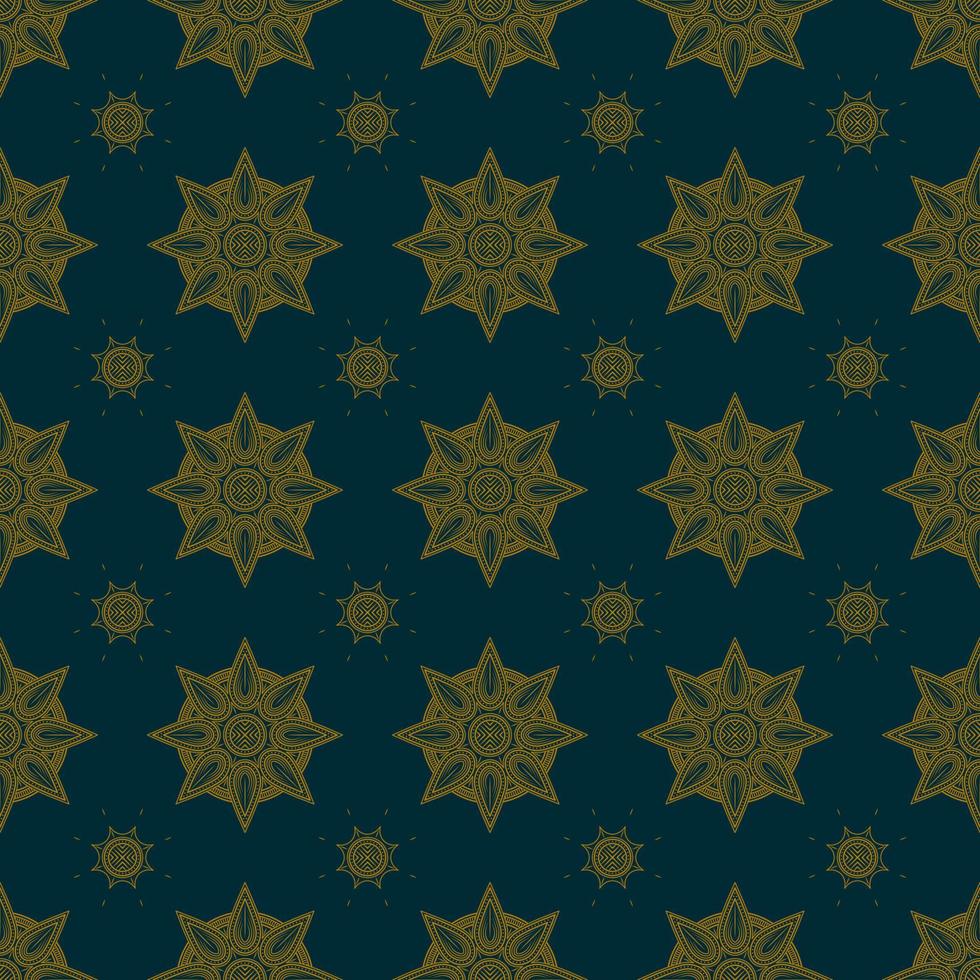 patrón de ornamento floral amarillo sobre fondo verde oscuro. estilo de repetición, línea y mandala. adecuado para fondos, telas, papeles pintados, textiles y decoraciones vector