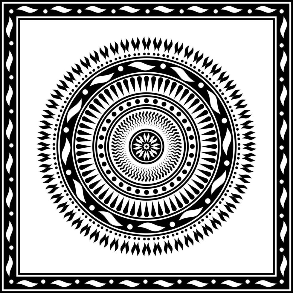 Adorno de mandala circular con marco cuadrado sobre fondo blanco. arte, línea, silueta, estilo creativo y único. adecuado para símbolo, decoración, mosaico, impresión, papel tapiz, tarjeta, saludo, boda y textil vector