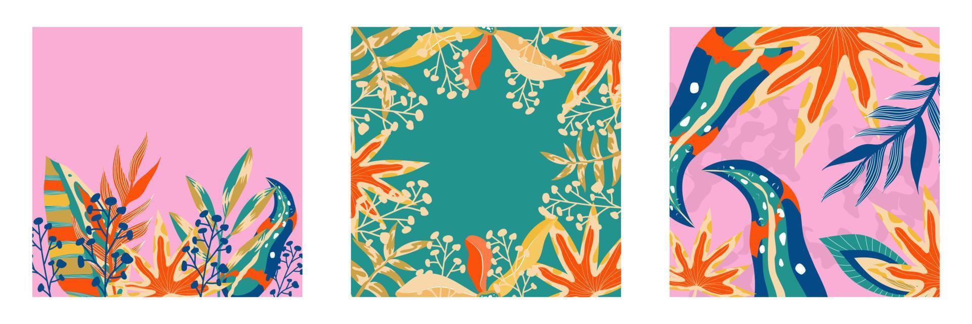 Trendy aestethic boho jungle set flyer. Abstract trendy exotic floral jungle background. Design template. Abstract nature background. Tropical foliage art cover vector