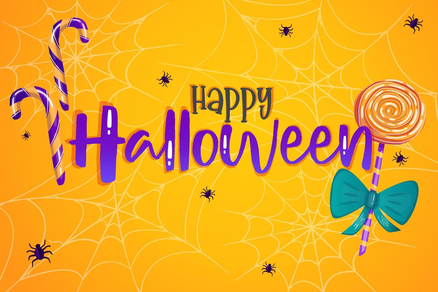 Happy Halloween banner orange with cobwer, spider and cndy lollipop. Cute background. Vector design. Modern concept design. Happy halloween. Web banner template