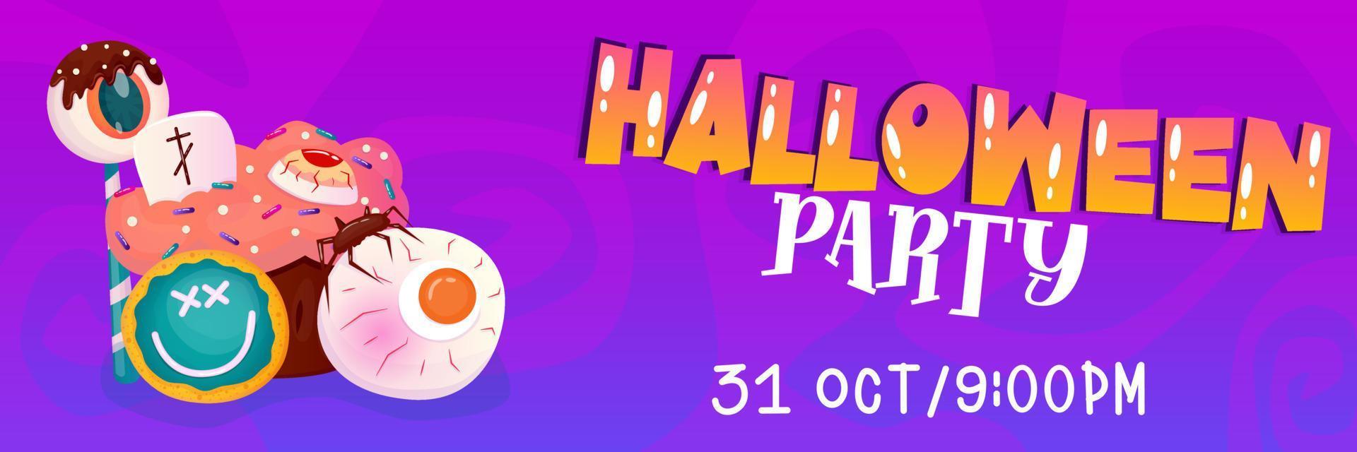 Happy halloween template banner background with sweet and candy, cake. Vector cartoon illustration. Dark purple background. Happy halloween. Vector design.