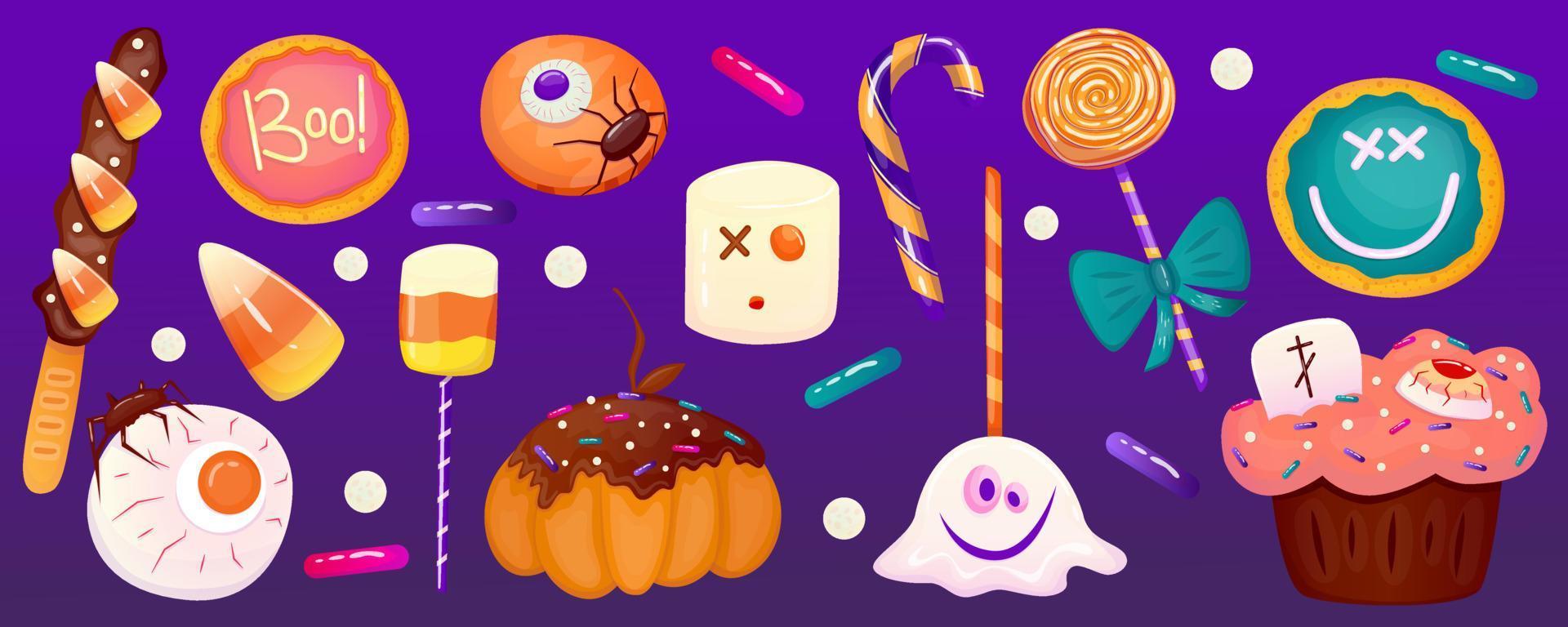 Halloween sweet dessert set clipart. Halloween eyeball, marshmallow, pumpkin and candy corn. Cartoon vector illustration. Creepy dessert for the autumn holiday for design.