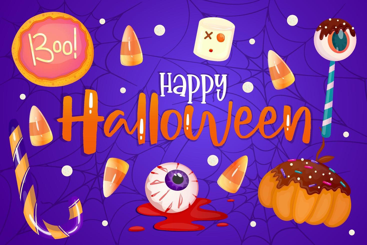 Happy Halloween banner purple with dessert, candy corn and eyeball. Cute background. Vector design. Modern concept design. Happy halloween. Web banner template