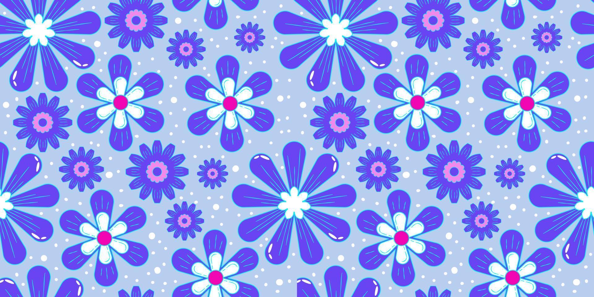 Flower power retro 1990 patrón sin costuras con margarita para el diseño de papel tapiz. estampado psicodélico. Poder de la flor. patrón floral retro de arte pop de moda. diseño transparente brillante vector