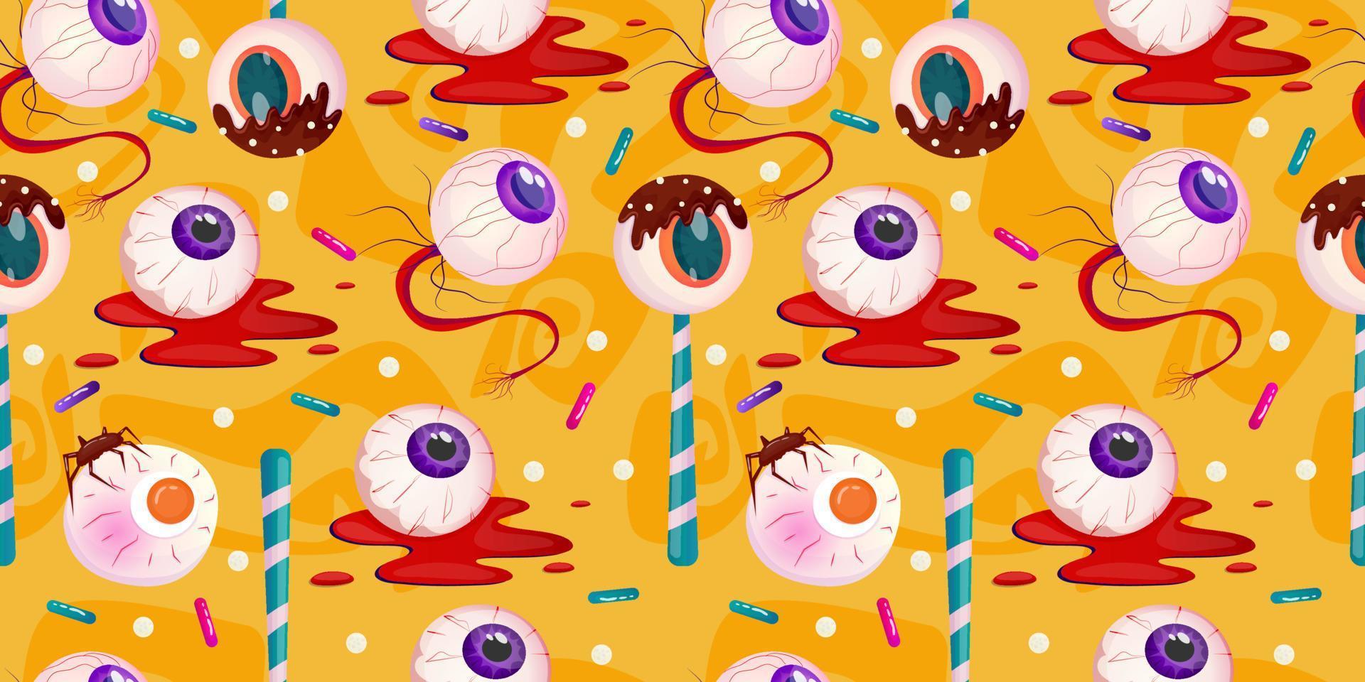 Cartoon seamless pattern halloween sweet dessert. Fantasy eyeball, blood, lollipop colorful illustration. Cartoon vector illustration. Happy halloween holiday