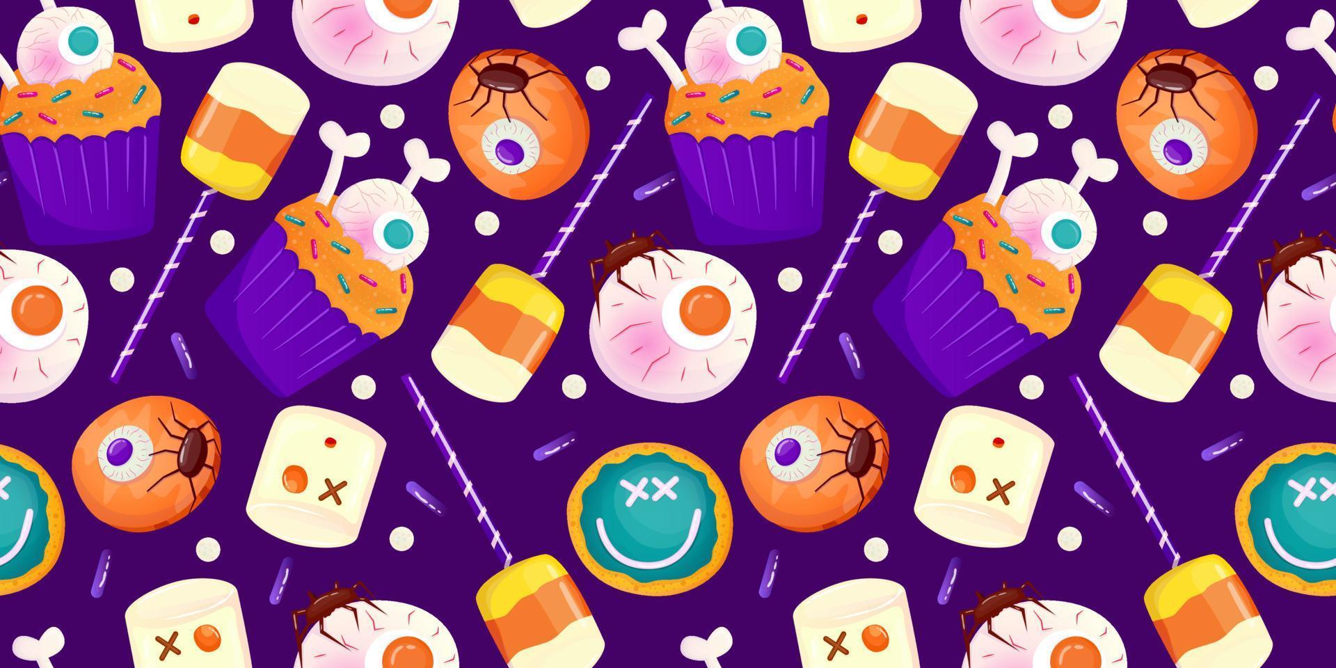 Cartoon seamless pattern halloween sweet dessert. Fantasy eyeball, cake, candy colorful illustration. Cute candy wallpaper. Magic print. Cartoon vector illustration. Happy halloween