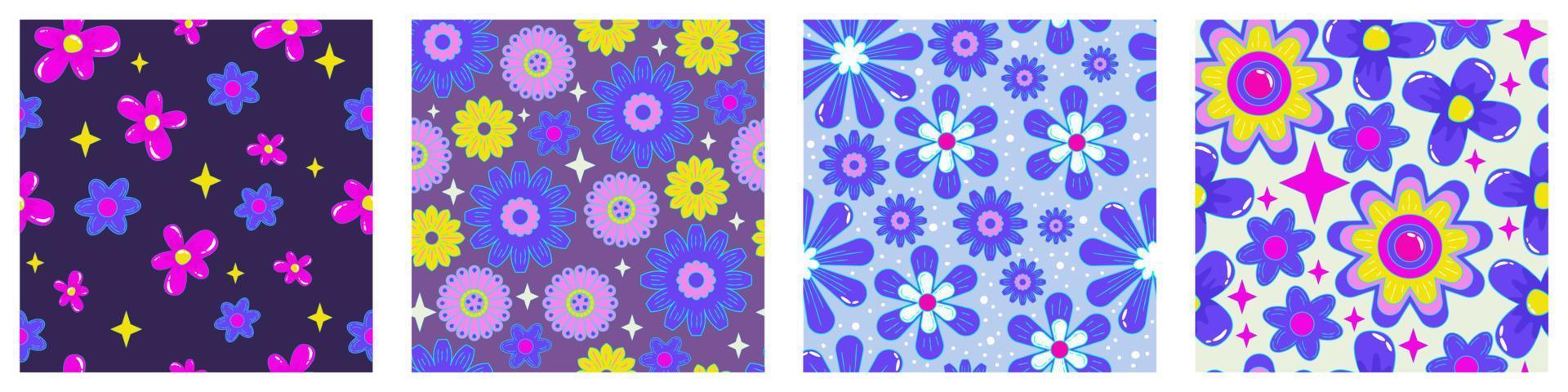 Flower power retro 1990s seamless pattern set with daisy for wallpaper design. Psychedelic print. Flower power. Trendy pop art retro floral pattern. Bright seamless design. vector