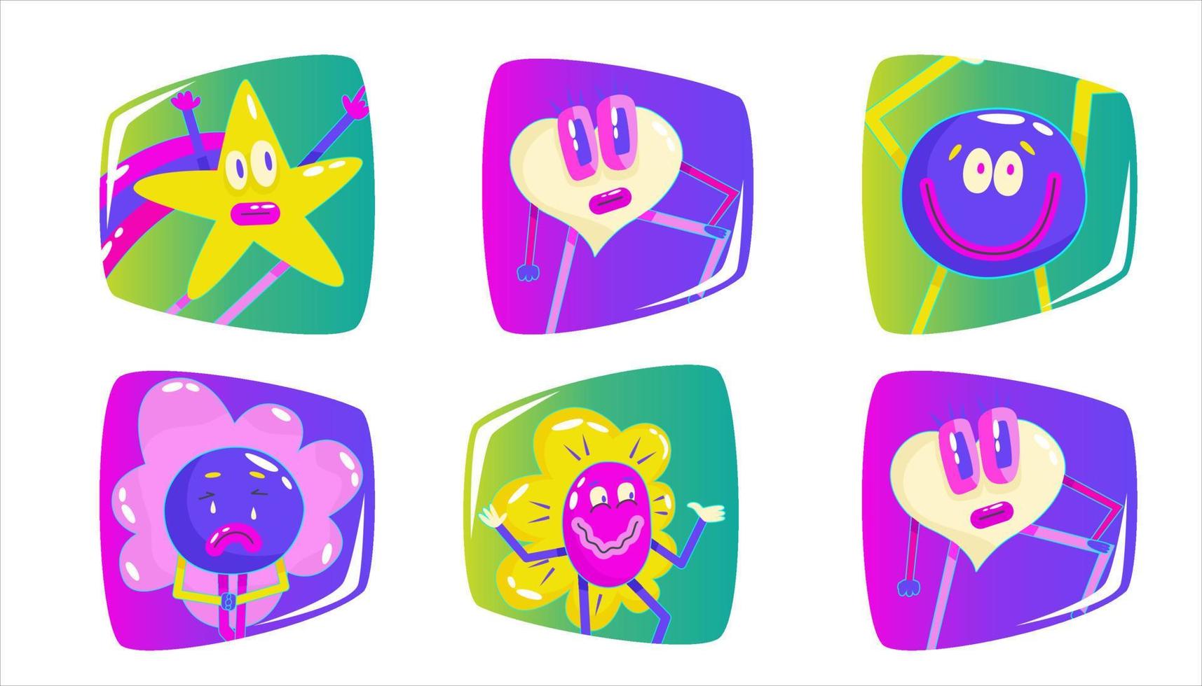 Contemporary funny smile avatar square set in retro comic style. Psychedelic emotions smile character in area. Modern retro abstract design. Round, heart, star character emoji. Pop art sticker pack vector