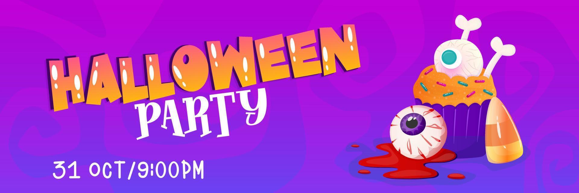 Happy halloween template banner background with sweet and candy, cake. Vector cartoon illustration. Dark purple background. Happy halloween. Vector design.