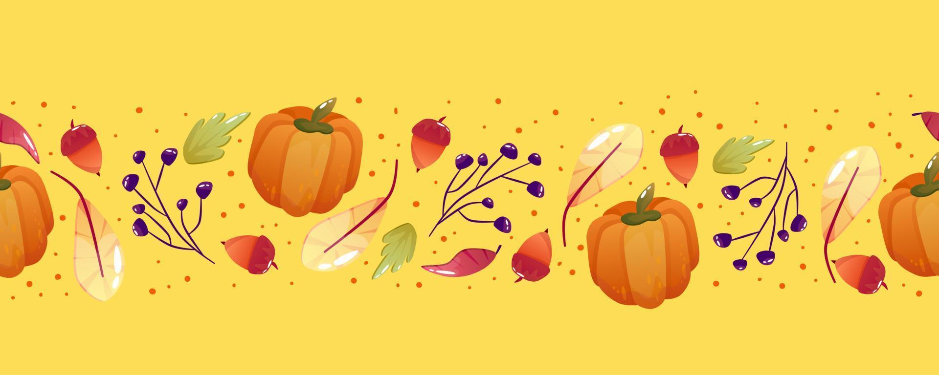 Seamless border autumn fall. Thanksgiving holiday. Vector seamless pattern. Bright autumn design with leaf, acorn and pumpkin.