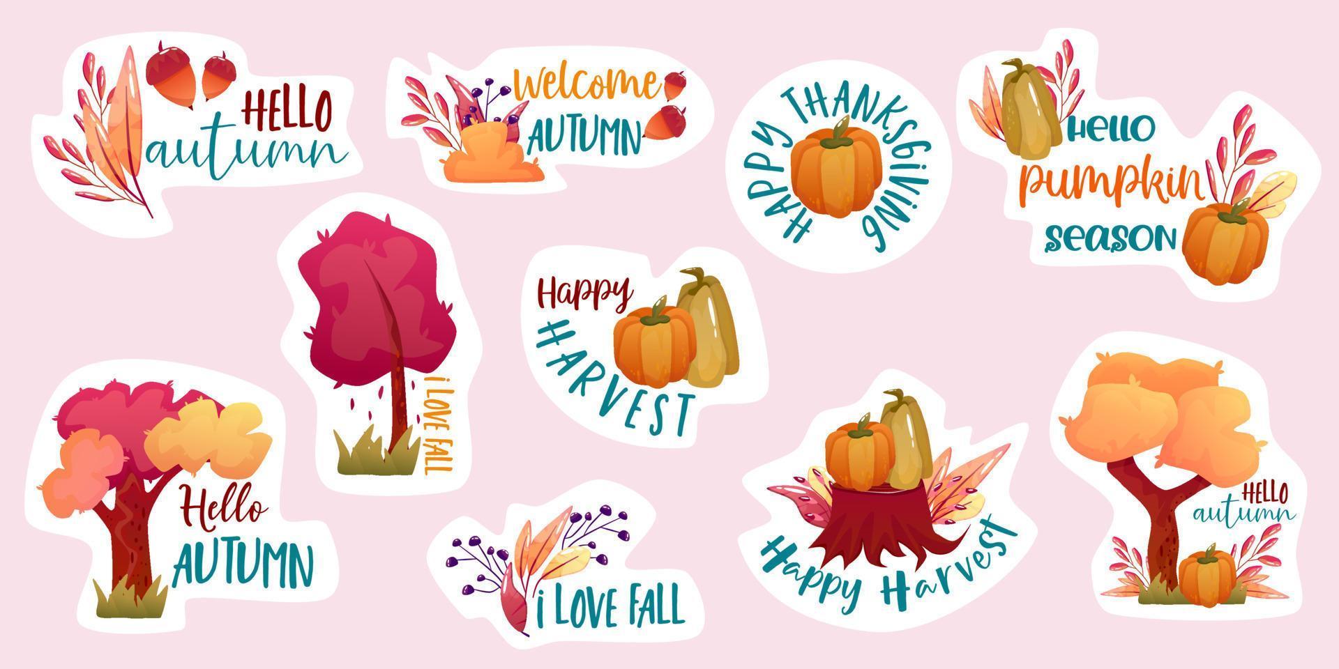 Autumn fall sticker set with pumpkin, leaves, tree elements. Cartoon vector illustration. Autumn harvest season. Sticker for print with text quote
