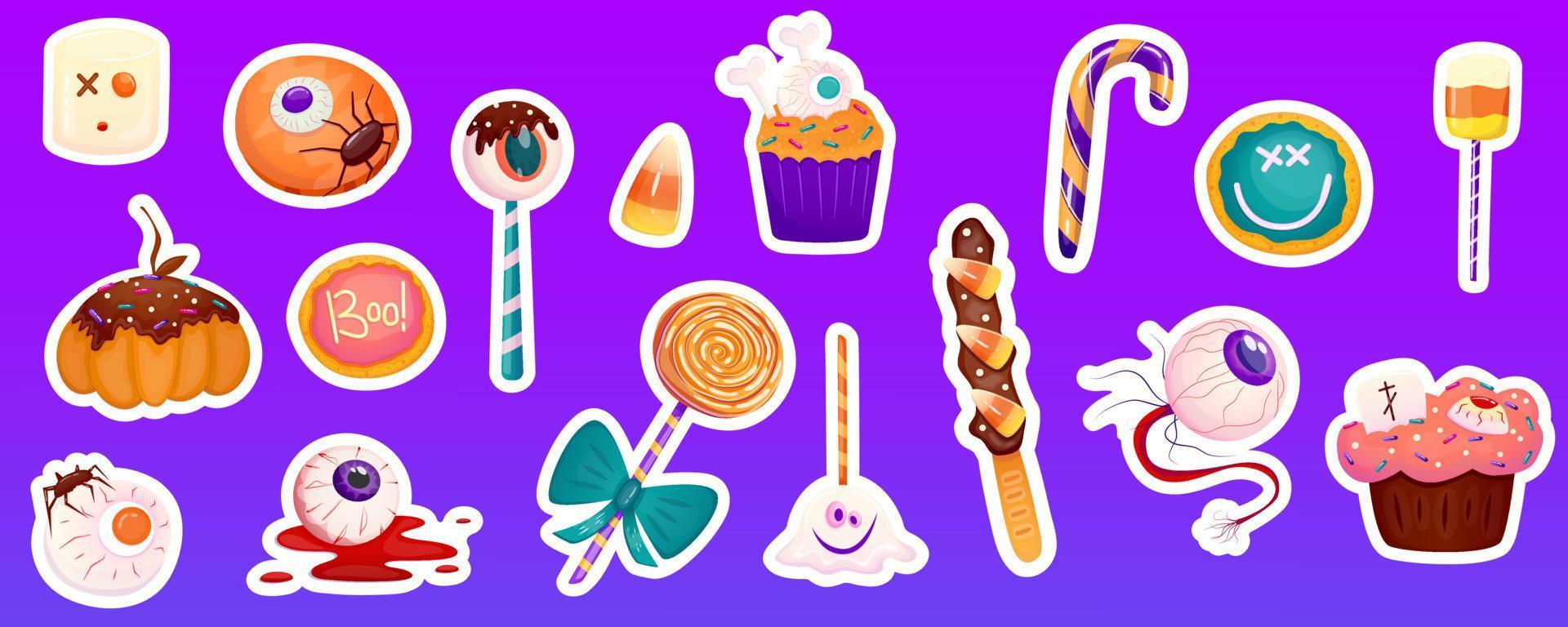 Cartoon halloween sticker with eyeball, sweet dessert, candy corn. Vector cartoon illustration. Happy halloween holiday sticker set