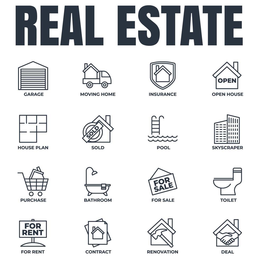 Set of Real Estate icon logo vector illustration. House pack symbol template. pool, contract, deal, for rent, renovation and more for graphic and web design collection