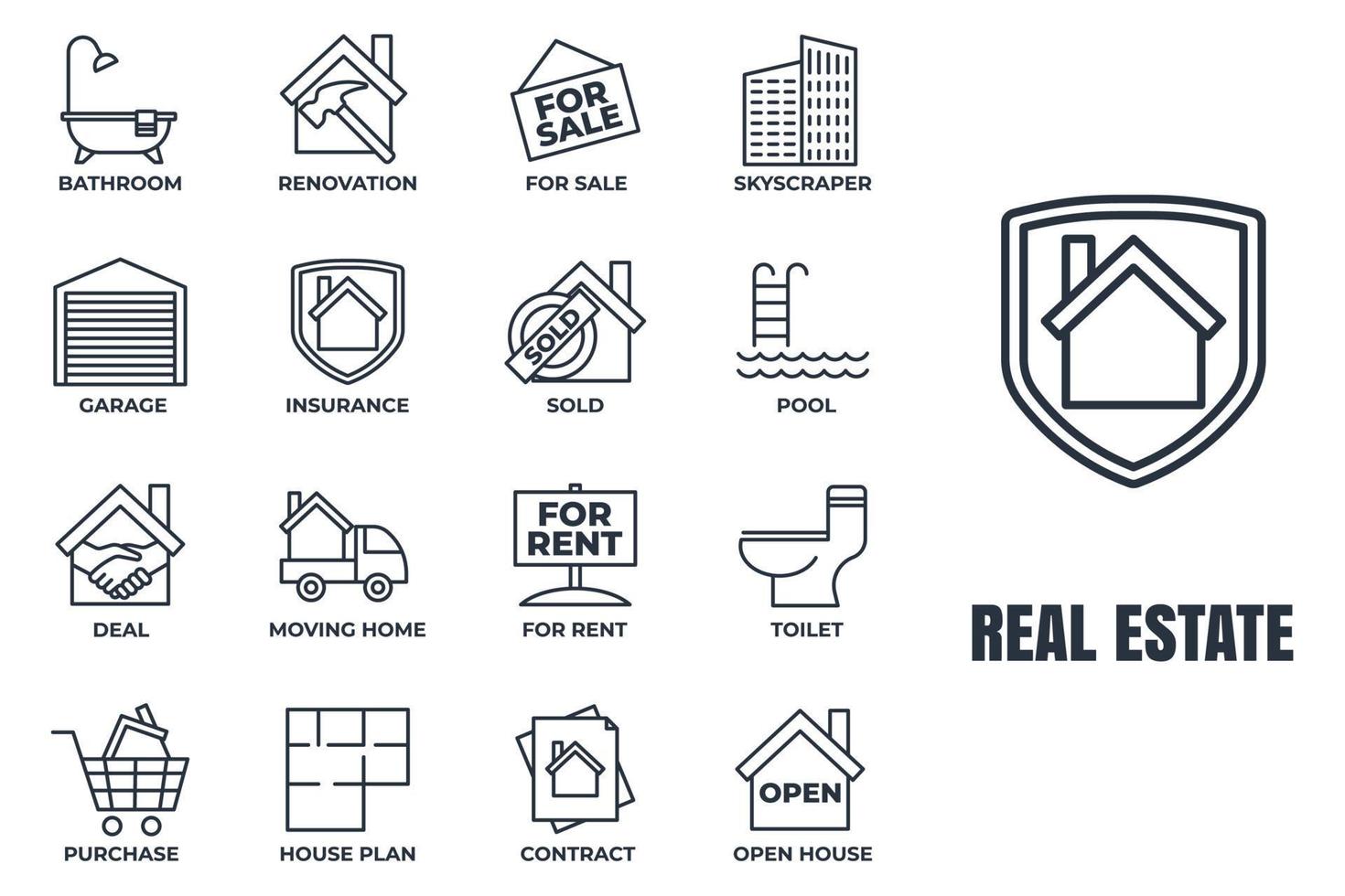 Set of Real Estate icon logo vector illustration. House pack symbol template. pool, contract, deal, for rent, renovation and more for graphic and web design collection