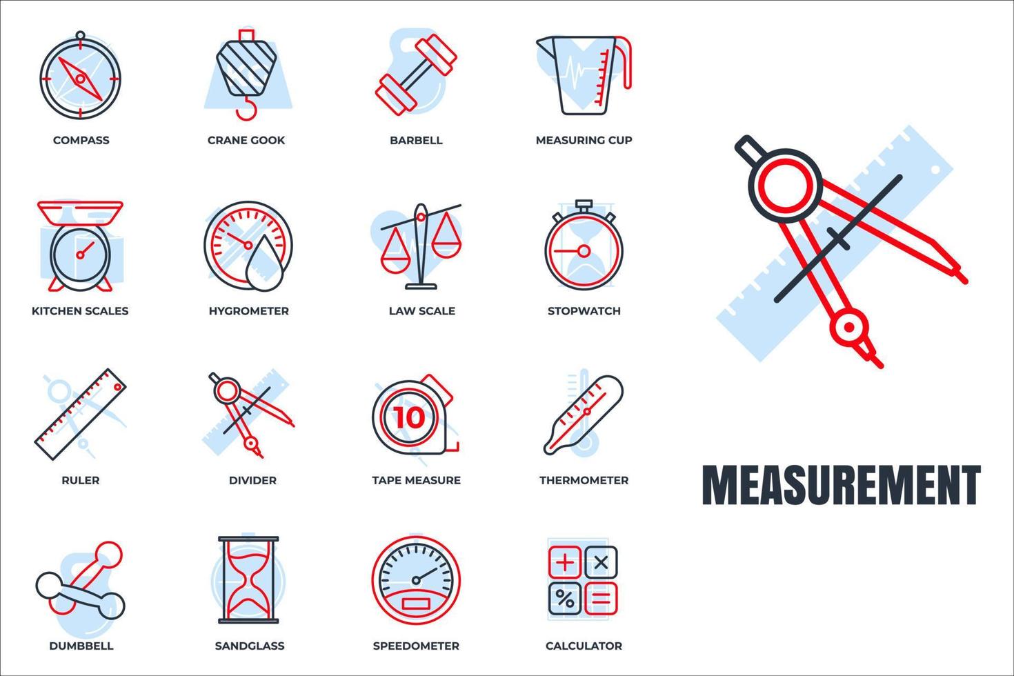 conjunto de ilustración de vector de logotipo de icono de medición. medida, símbolo del paquete de medidas. vidrio de arena, velocímetro, pesas, calculadora y más plantillas para la colección de diseño gráfico y web