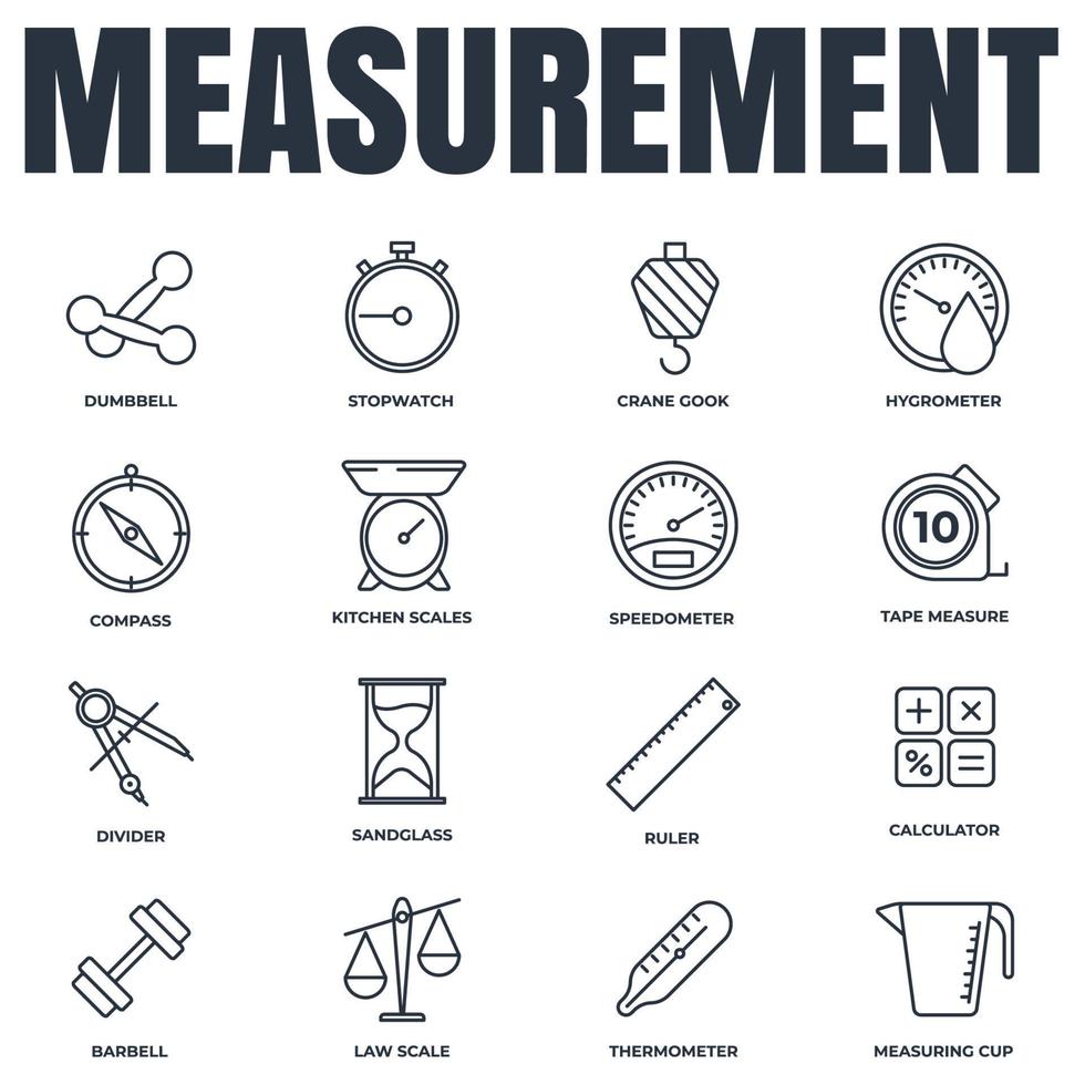 Set of Measuring icon logo vector illustration. measure, measurement pack symbol. sand glass, speedometer, barbell, calculator and more template for graphic and web design collection
