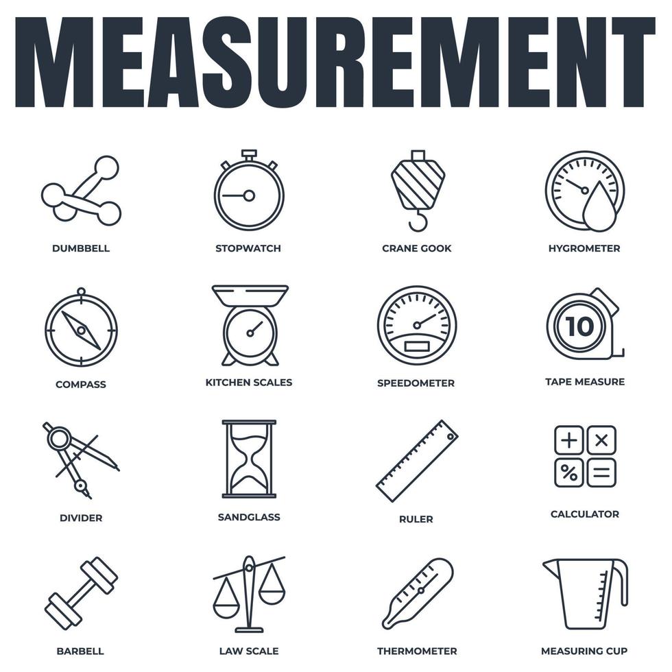 conjunto de ilustración de vector de logotipo de icono de medición. medida, símbolo del paquete de medidas. vidrio de arena, velocímetro, pesas, calculadora y más plantillas para la colección de diseño gráfico y web