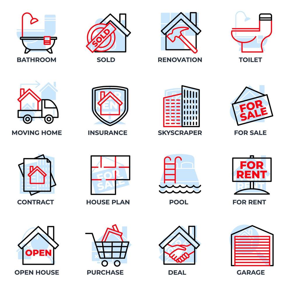 Set of Real Estate icon logo vector illustration. House pack symbol template. pool, contract, deal, for rent, renovation and more for graphic and web design collection