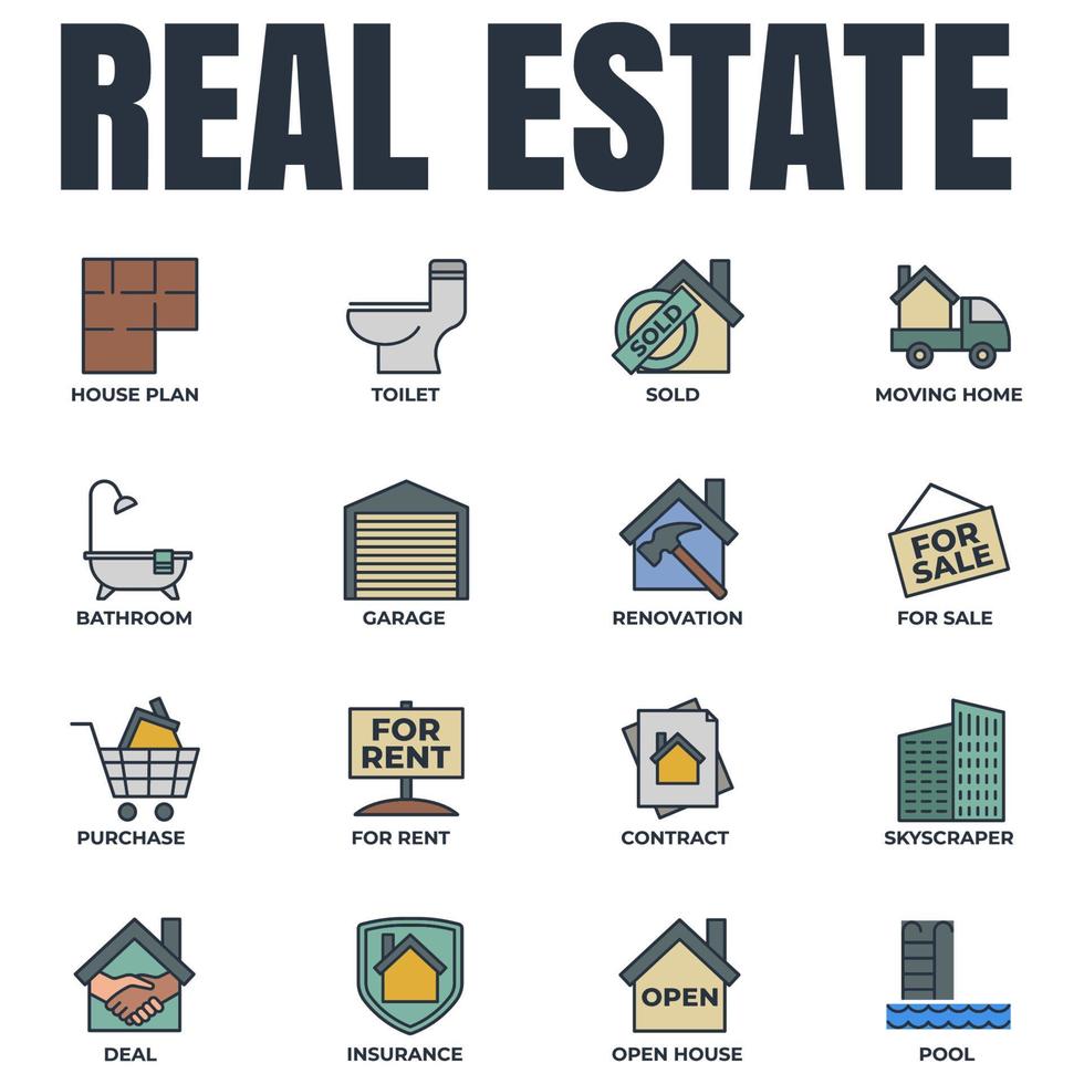 Set of Real Estate icon logo vector illustration. House pack symbol template. pool, contract, deal, for rent, renovation and more for graphic and web design collection