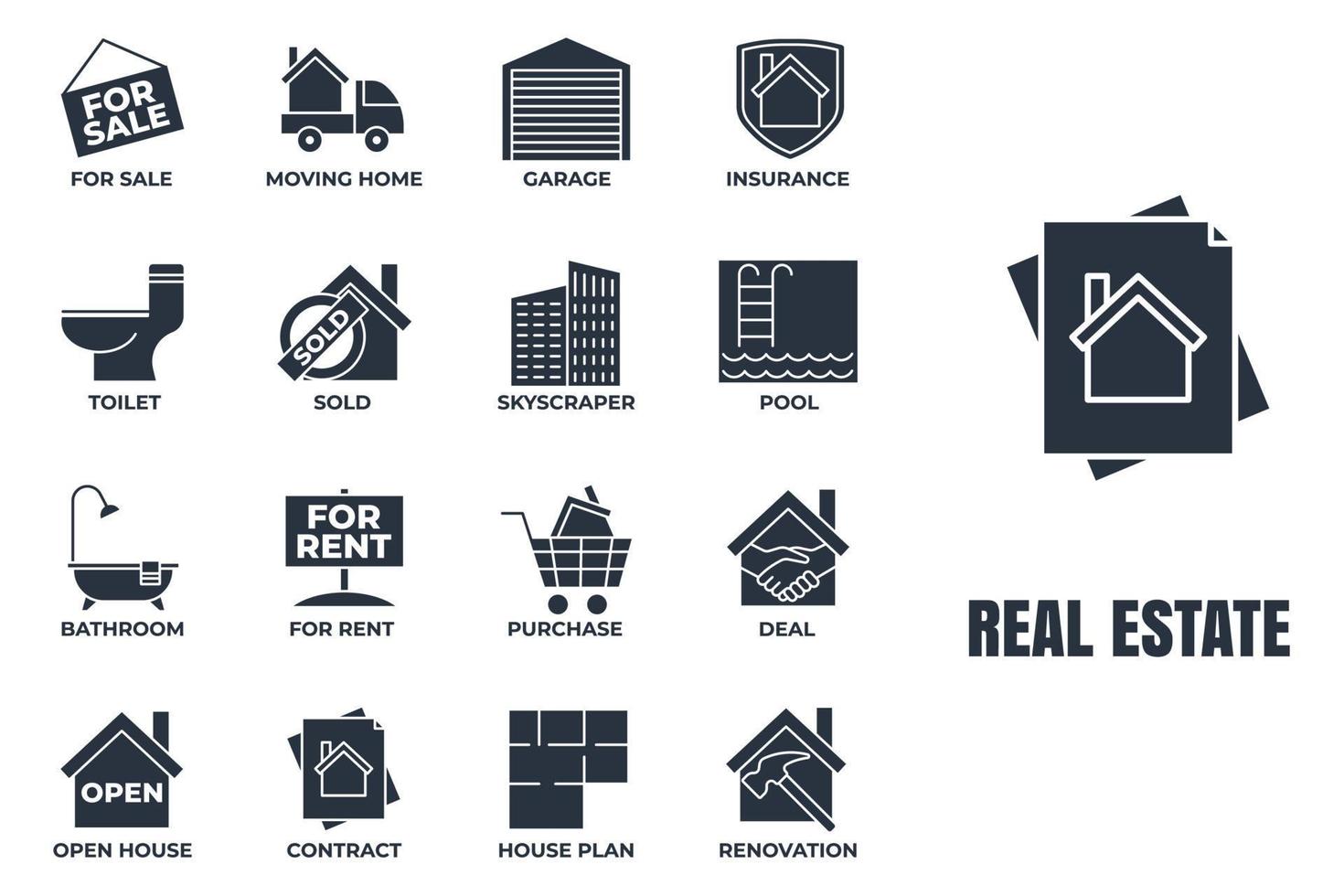 conjunto de ilustración de vector de logotipo de icono de bienes raíces. plantilla de símbolo de paquete de casa. piscina, contrato, trato, alquiler, renovación y más para la colección de diseño gráfico y web