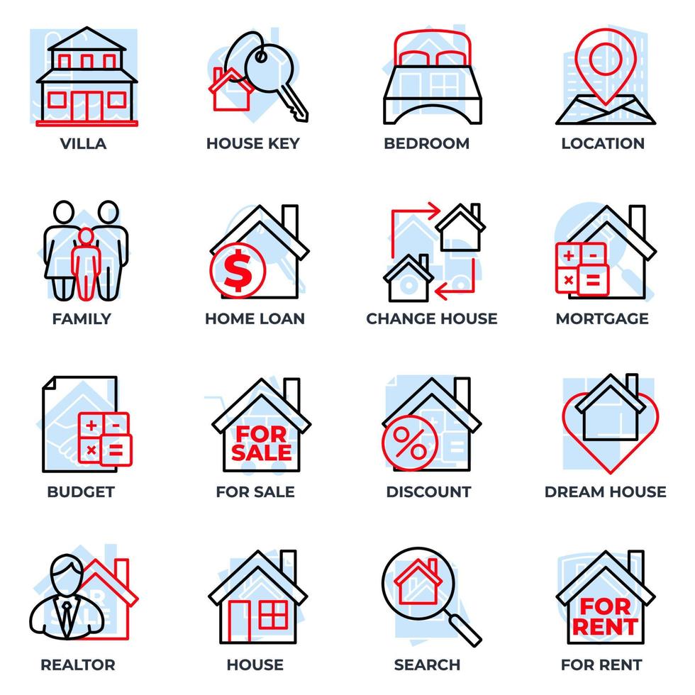 conjunto de ilustración de vector de logotipo de icono de bienes raíces. plantilla de símbolo de paquete de casa. casa, familia, casa de ensueño, agente inmobiliario y más para la colección de diseño gráfico y web