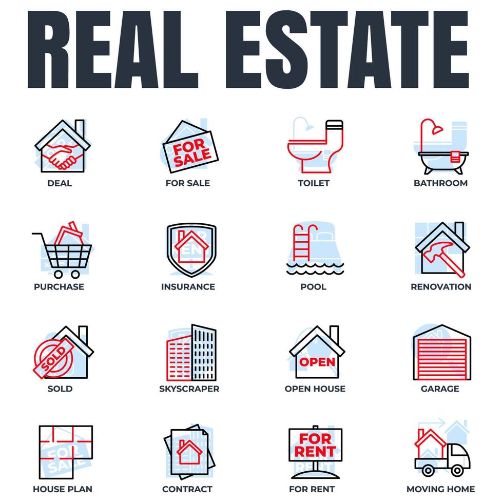 Set of Real Estate icon logo vector illustration. House pack symbol template. pool, contract, deal, for rent, renovation and more for graphic and web design collection