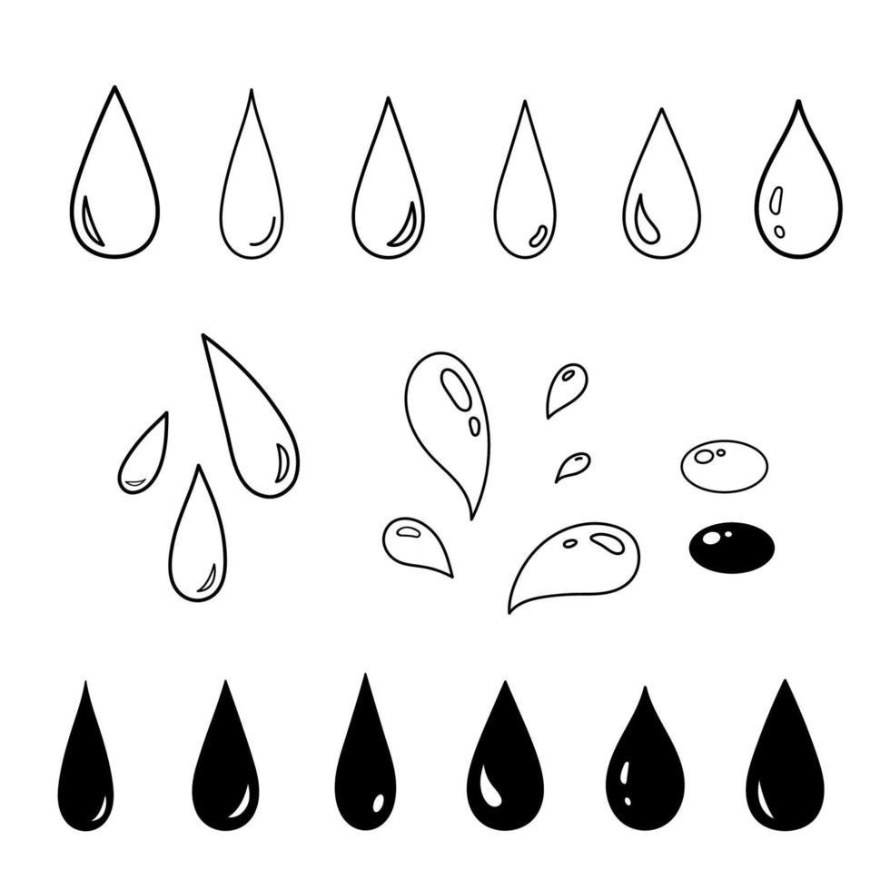 Set of glossy water drops on white. Outline and filled collection of drops isolated on white background. Vector splash