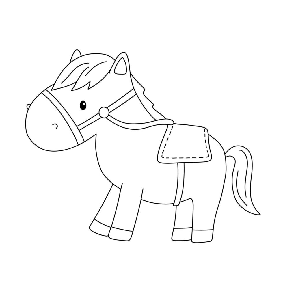 Black and White Line vector Illustration isolated on white. Funny Horse Farm Animal for Coloring Book