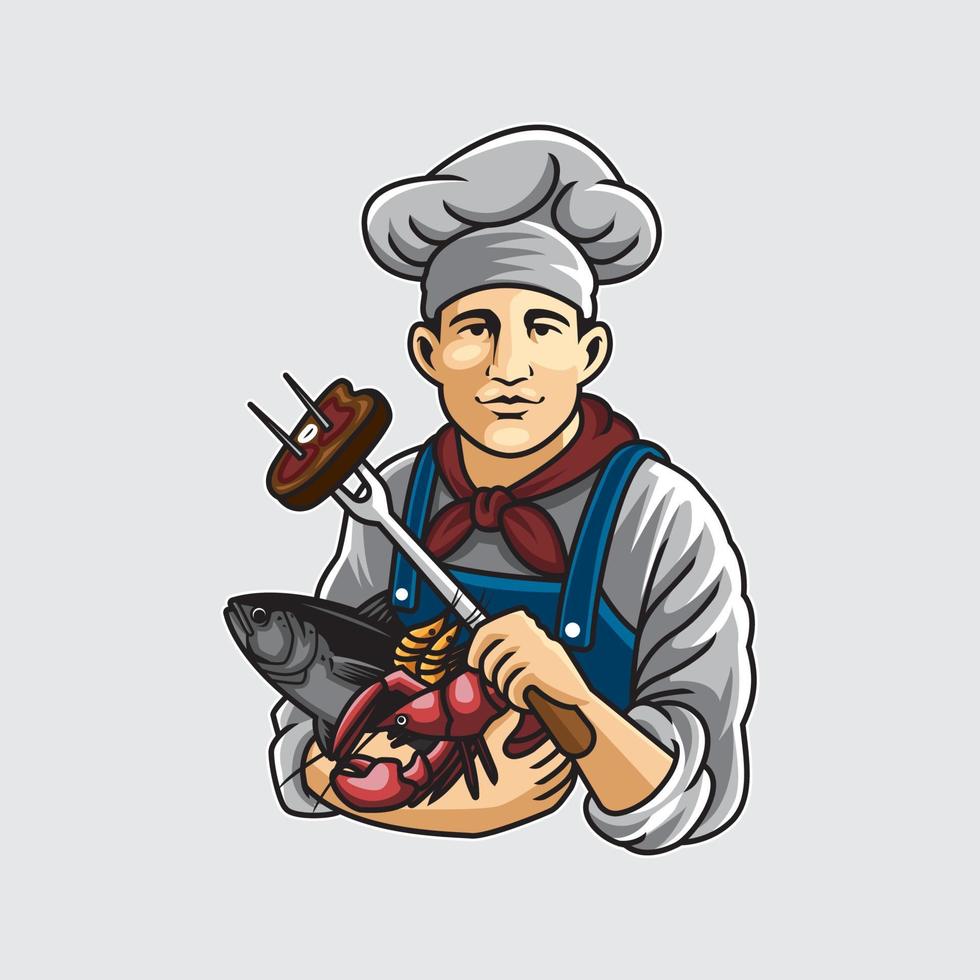 Chef holding shrimp fish and lobsters cartoon illustration vector