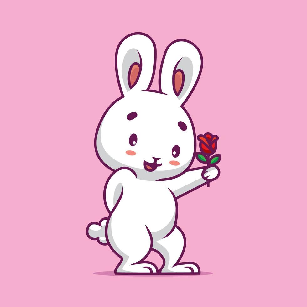 Cute rabbit holding flower cartoon illustration vector