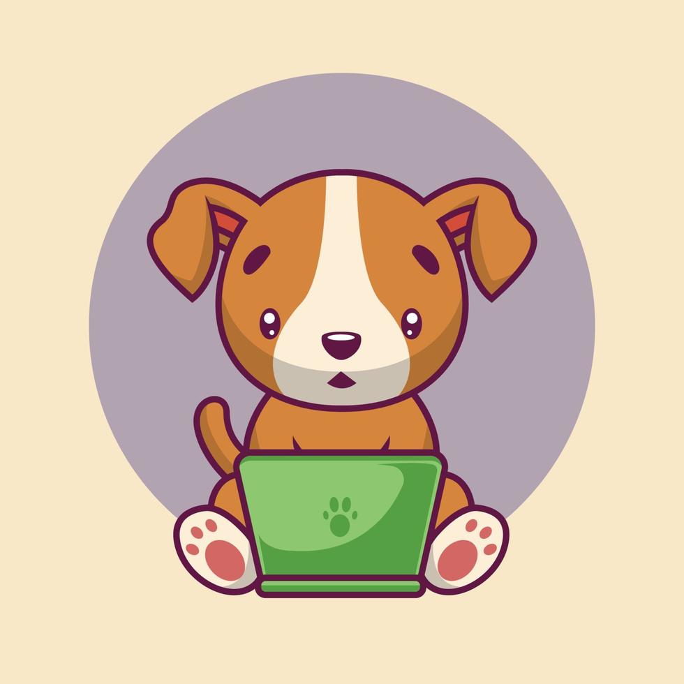Cute dog with laptop cartoon illustration vector