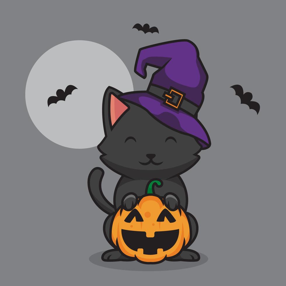 lindo gato en una ilustración de dibujos animados de sombrero y calabaza vector