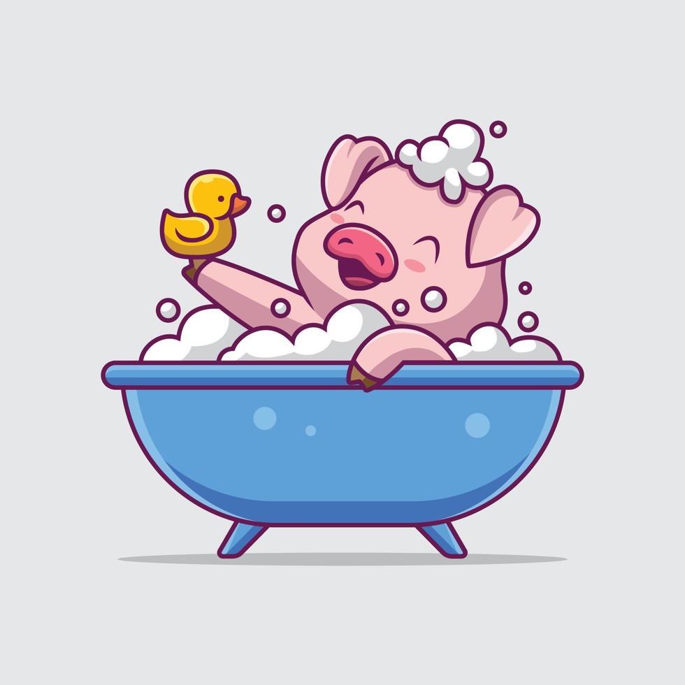 Cute pig bathing in the bathtub cartoon illustration vector