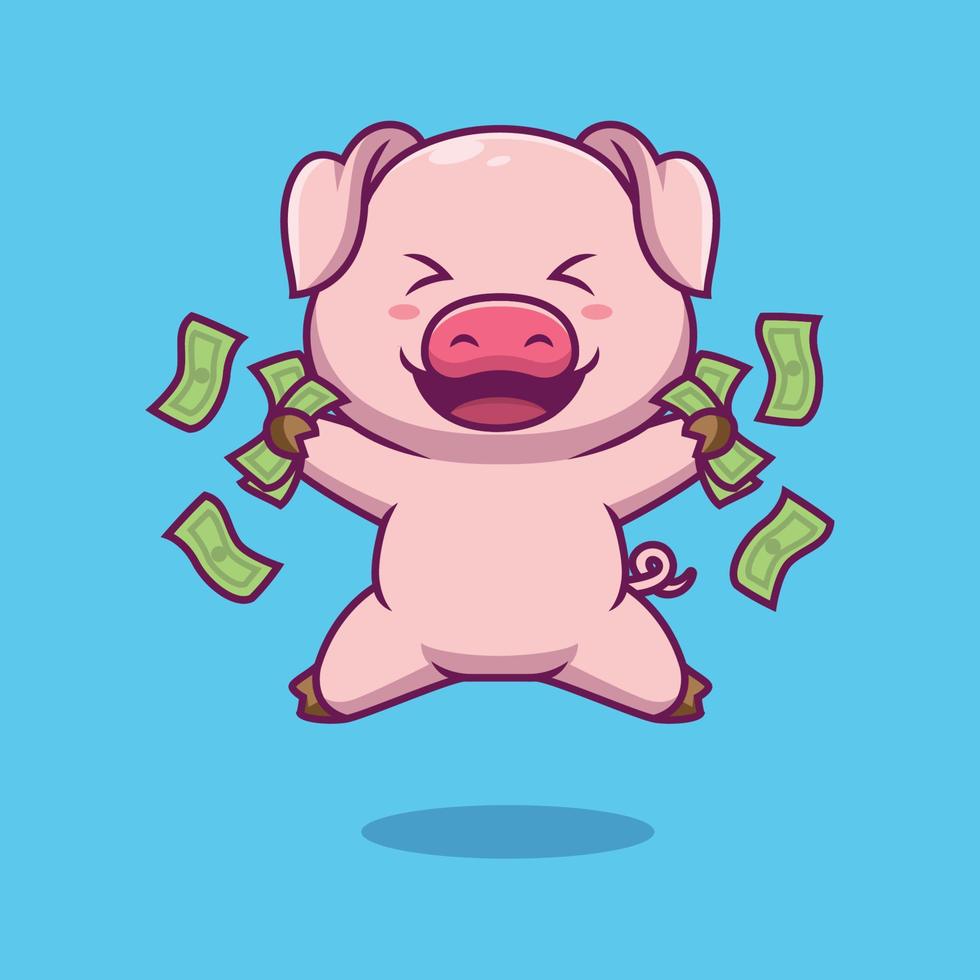 cerdo lindo con ilustración de dibujos animados de dinero vector