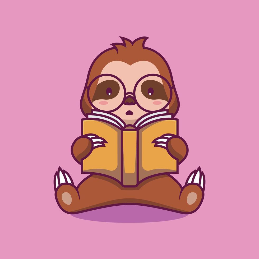 Cute sloth reading book cartoon illustration vector