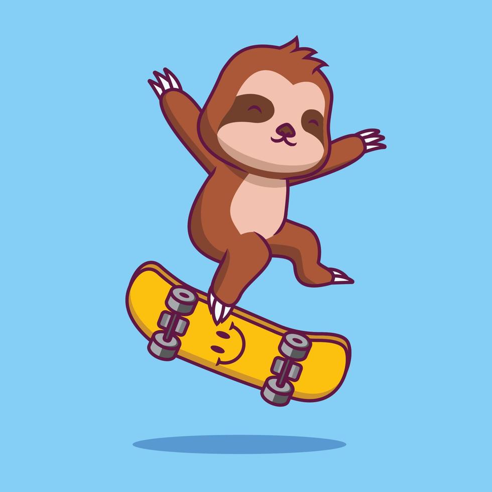 Cute sloth playing skateboard cartoon illustration vector