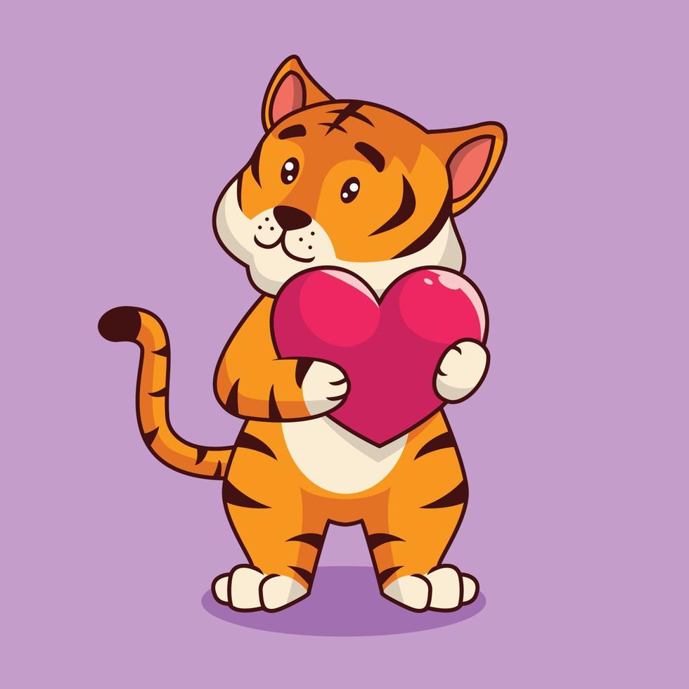 Cute tiger holding love cartoon illustration vector