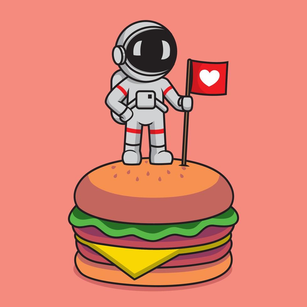 Cute astronaut standing in burger cartoon illustration vector