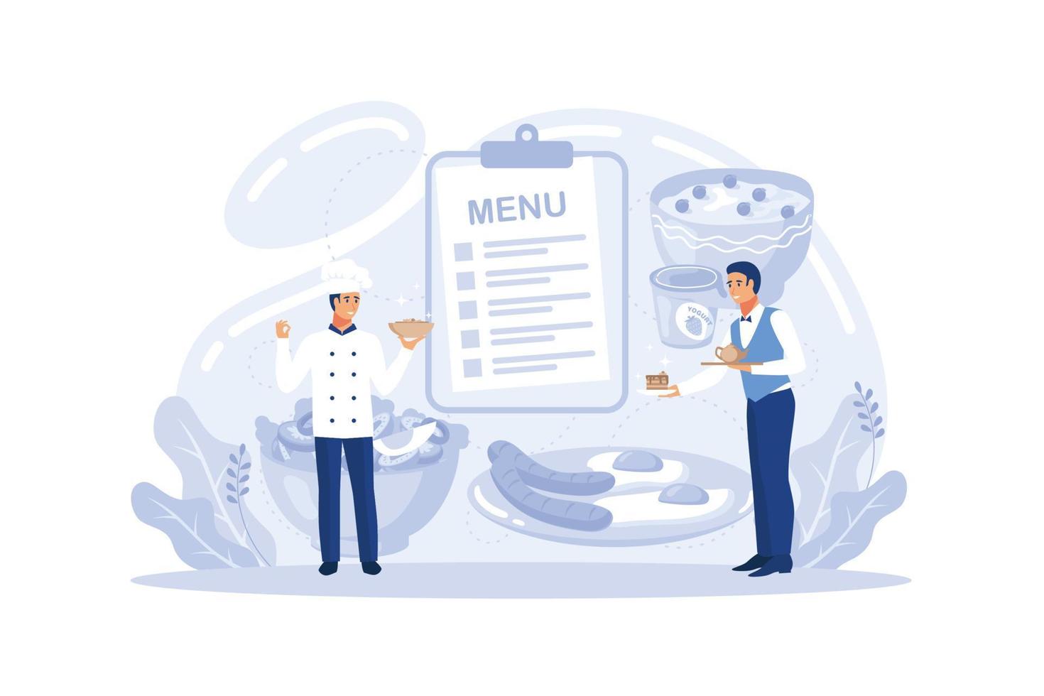 concepto de camarero. personal del restaurante en uniforme, servicio de catering. ajuste de la mesa y cálculo del cliente, consejos para compartir. ilustración vectorial aislada en estilo de dibujos animados vector