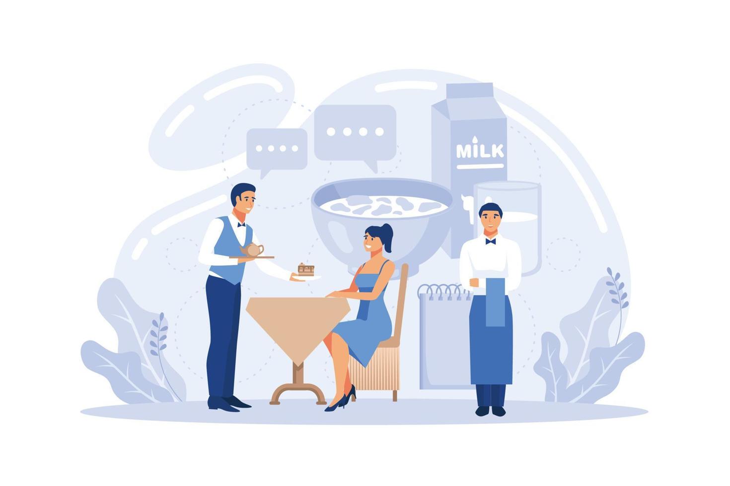 concepto de camarero. personal del restaurante en uniforme, servicio de catering. ajuste de la mesa y cálculo del cliente, consejos para compartir. ilustración vectorial aislada en estilo de dibujos animados vector