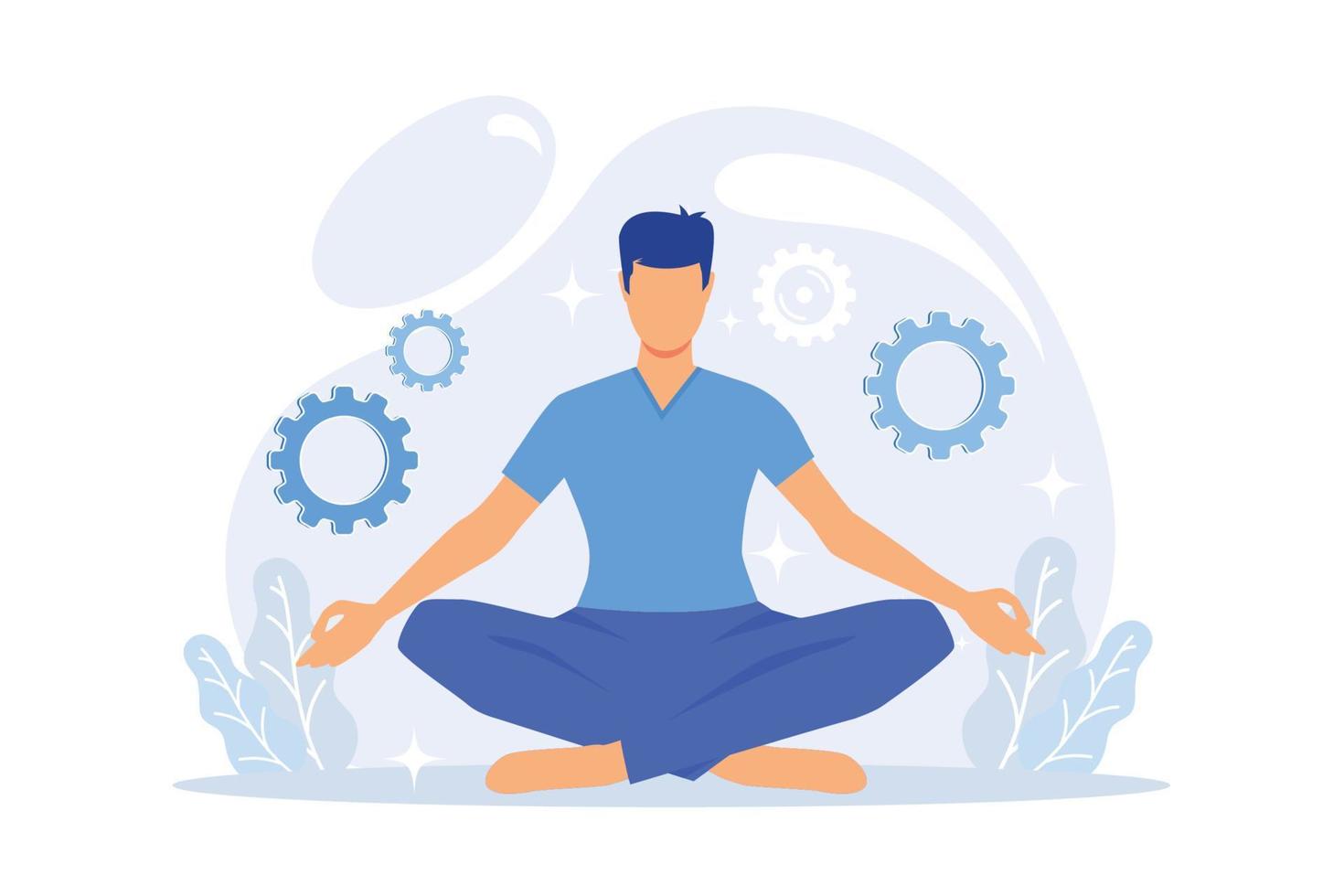 Stress reduction and relieving activity. Man cartoon character sitting in lotus pose. Work and rest balance. Meditation, relaxation, balancing. Vector illustration