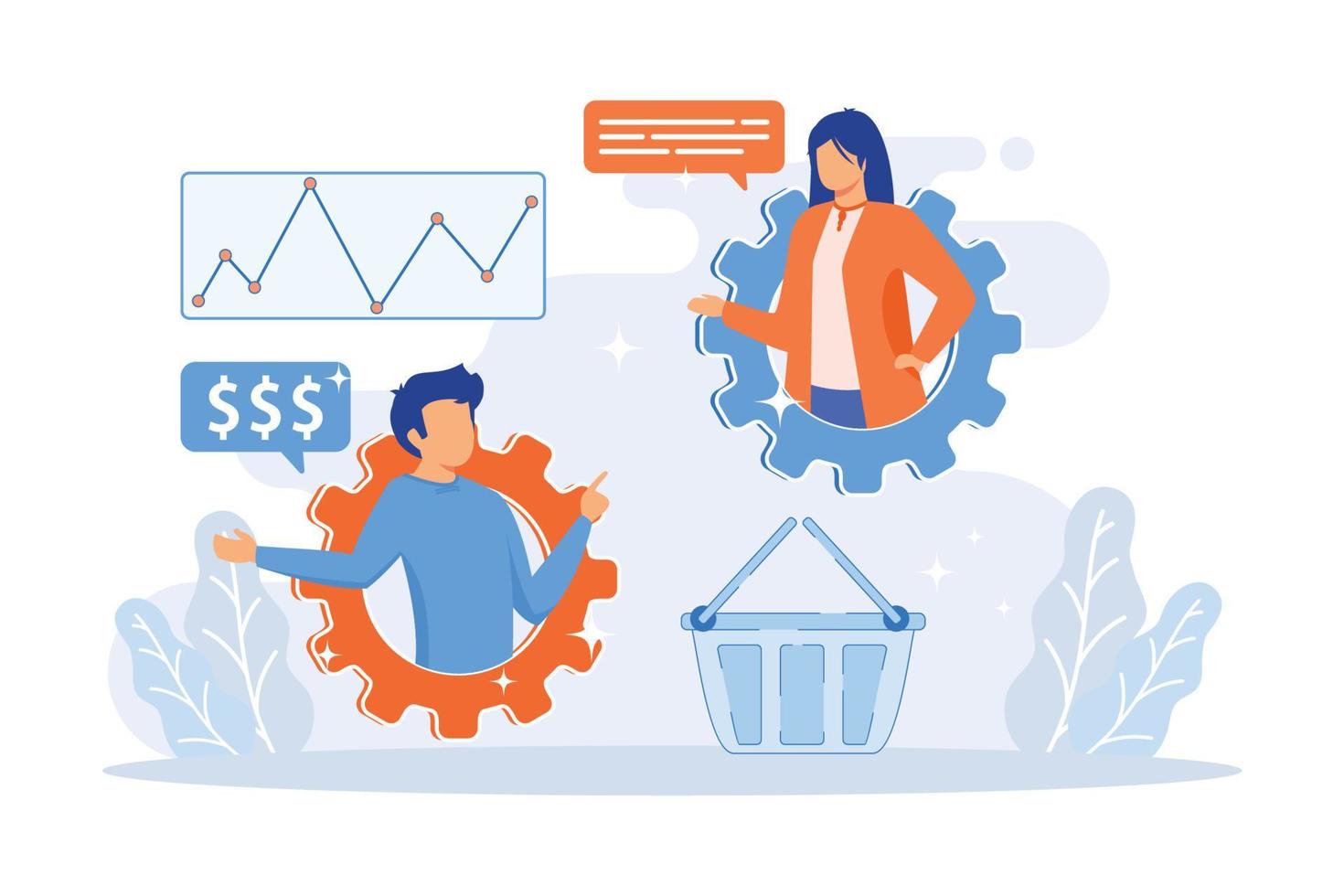 Customer support service. Online helpdesk, client helpline, hotline call. Technical support center operator consulting user, telemarketing buyer. Vector illustration