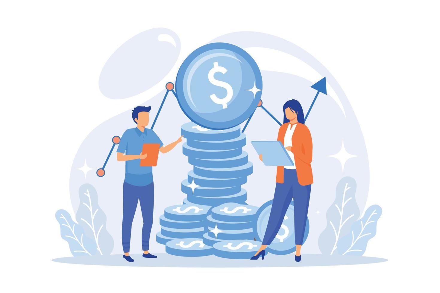 Income increase strategy. Business management, stock brokers statistics, financiers forecast. Financial market experts analyzing growth rates. Vector illustration